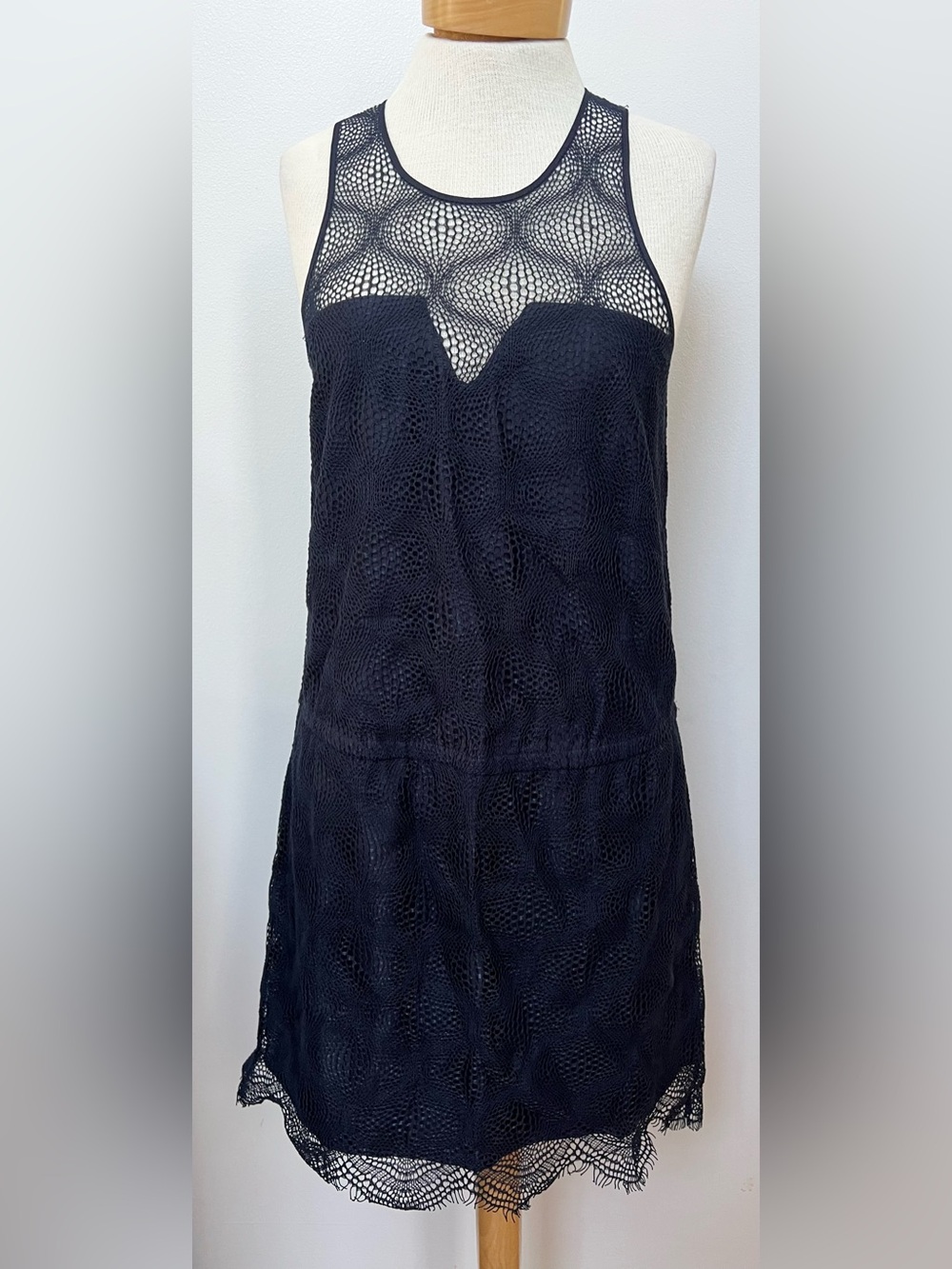 David Lerner Navy Blue Mesh Illusion Mini Dress Sleeveless Zip Back Size S